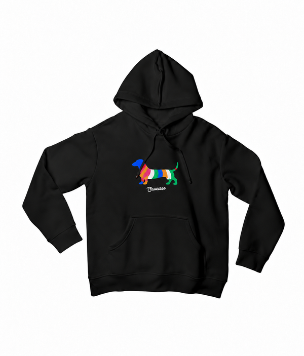 Front view of the Black Saucisse Colour Me Dachshund unisex hoodie, with a compact colourful striped dachshund print and white Saucisse signature.