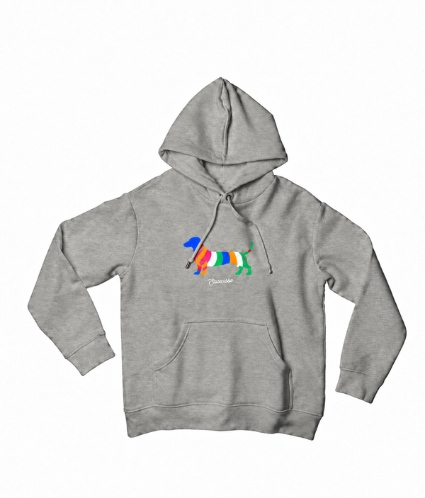 Front view of the Moon Grey Heather Saucisse Colour Me Dachshund unisex hoodie, with a compact colourful striped dachshund print and white Saucisse signature.