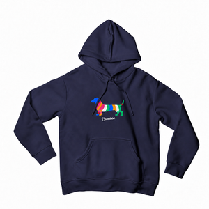 Front view of the Navy Saucisse Colour Me Dachshund unisex hoodie, with a compact colourful striped dachshund print and white Saucisse signature.