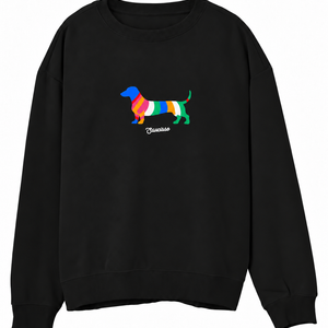 Front view of the Black Saucisse Colour Me Dachshund unisex sweater, with a compact colourful striped dachshund print and white Saucisse signature.