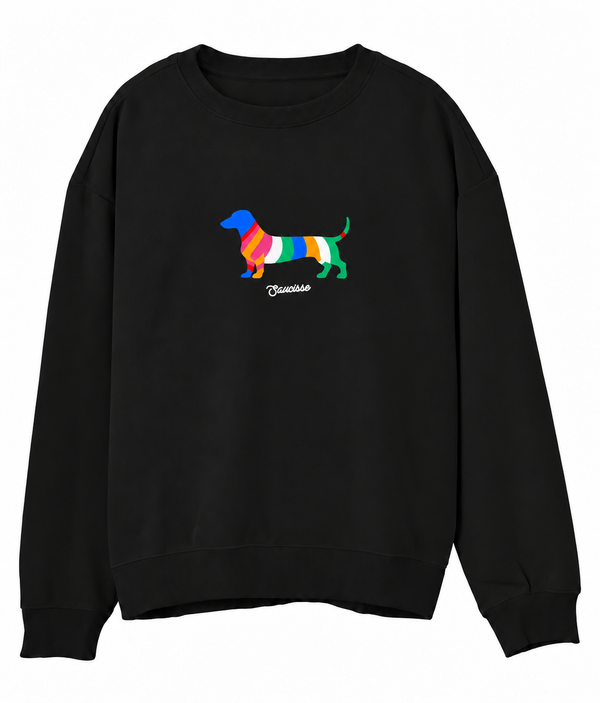 Front view of the Black Saucisse Colour Me Dachshund unisex sweater, with a compact colourful striped dachshund print and white Saucisse signature.