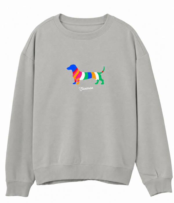 Front view of the Moon Grey Heather Saucisse Colour Me Dachshund unisex sweater, with a compact colourful striped dachshund print and white Saucisse signature.