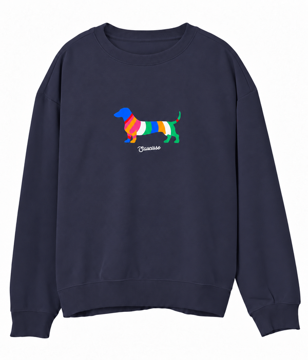 Front view of the Navy Saucisse Colour Me Dachshund unisex sweater, with a compact colourful striped dachshund print and white Saucisse signature.