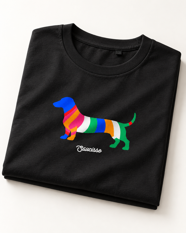 Black Saucisse Colour Me Dachshund unisex T-shirt folded to show the colourful striped dachshund front print and white Saucisse signature.