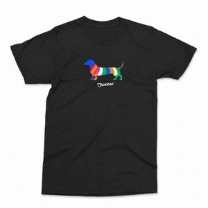 Front view of the Black Saucisse Colour Me Dachshund unisex T-shirt, with a compact colourful striped dachshund print and white Saucisse signature.