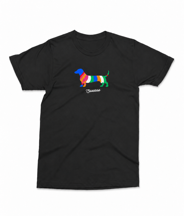 Front view of the Black Saucisse Colour Me Dachshund unisex T-shirt, with a compact colourful striped dachshund print and white Saucisse signature.