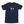 Front view of the French Navy Saucisse Colour Me Dachshund unisex T-shirt, with a compact colourful striped dachshund print and white Saucisse signature.