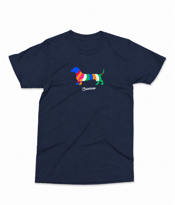 Front view of the French Navy Saucisse Colour Me Dachshund unisex T-shirt, with a compact colourful striped dachshund print and white Saucisse signature.