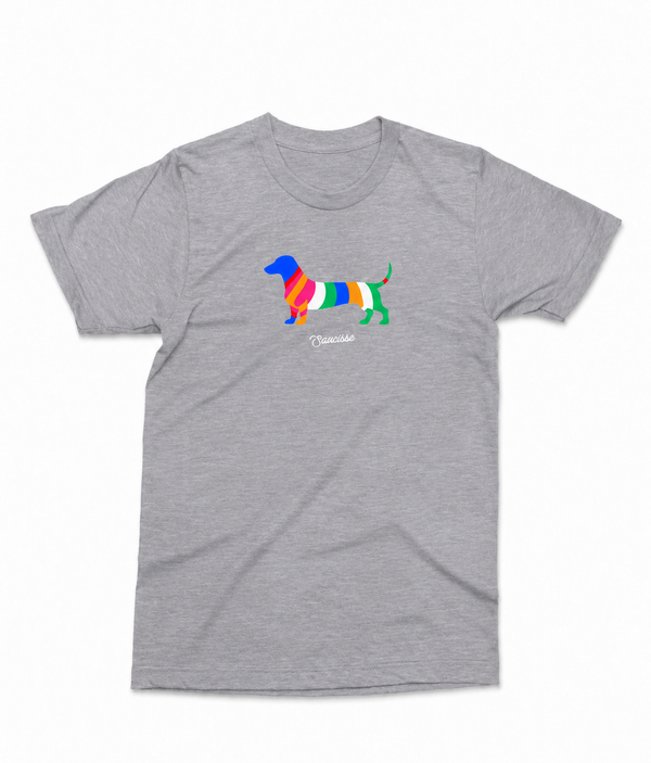 Front view of the Heather Grey Saucisse Colour Me Dachshund unisex T-shirt, with a compact colourful striped dachshund print and white Saucisse signature.