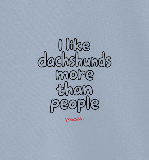 Close-up of the small outline chest print and red Saucisse signature on the Aquamarine I Like Dachshunds More Than People sweater.