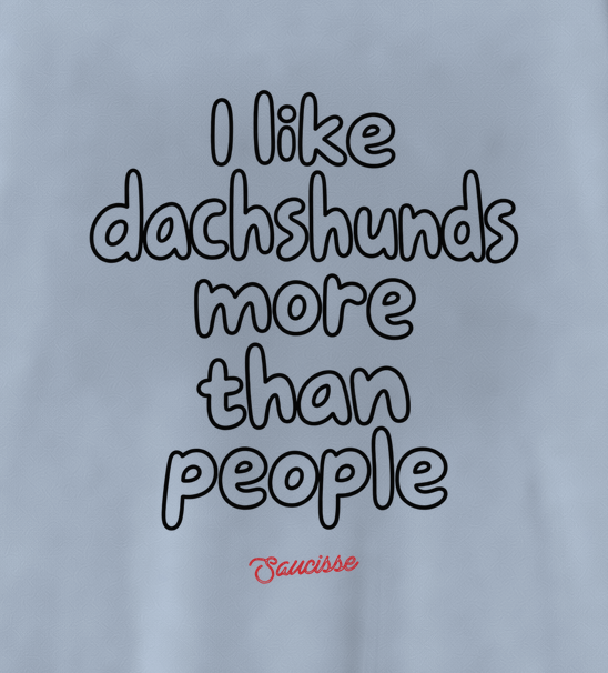 Close-up of the centred rear artwork on the Aquamarine Saucisse I Like Dachshunds More Than People sweater, showing outline lettering and red signature.