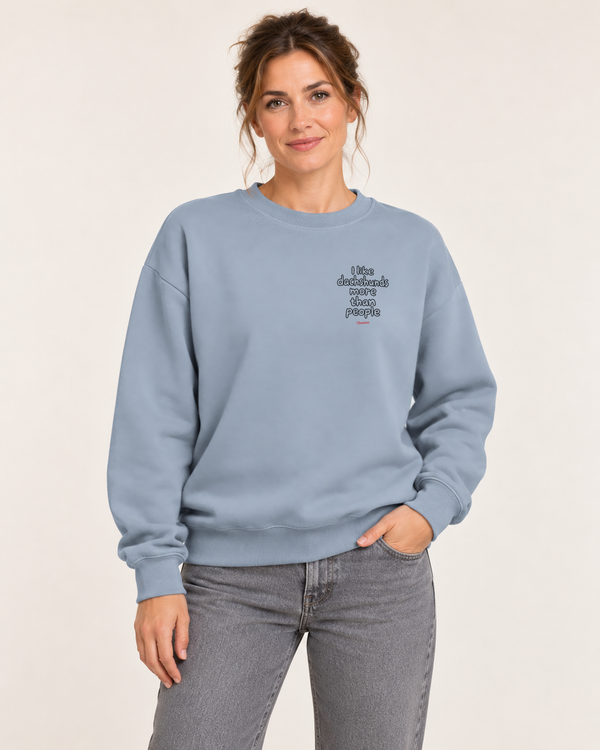 Woman wearing the Aquamarine Saucisse I Like Dachshunds More Than People sweater, front view with a small outline chest print and red signature.