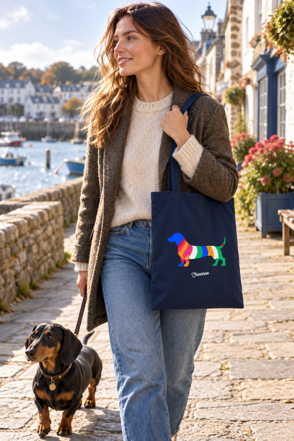 Woman carrying a French Navy Colour Me Dachshund tote on a seaside walk with a dachshund.
