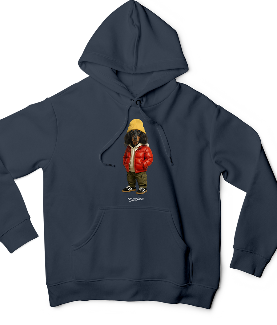 Long-haired Red Puffer Dog hoodie in Mineral Grey