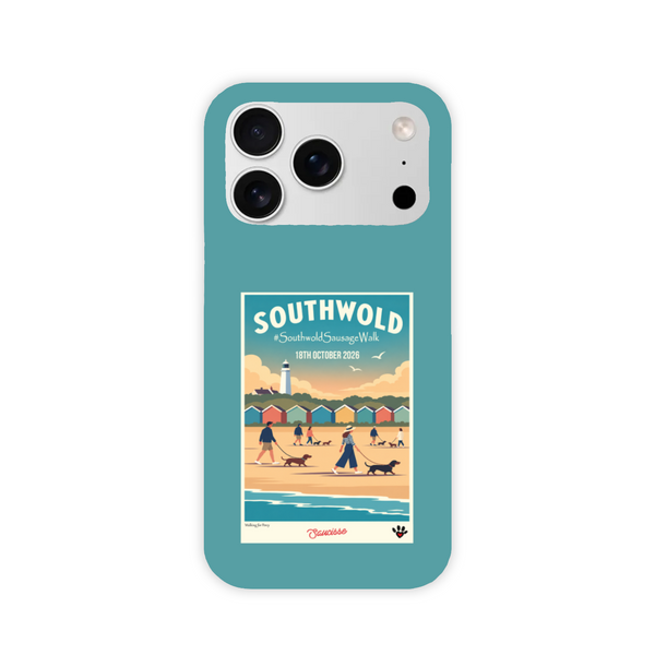 Southwold Sausage Dog Walk 2026 teal high-gloss phone case with vintage seaside dachshund artwork — product view 3