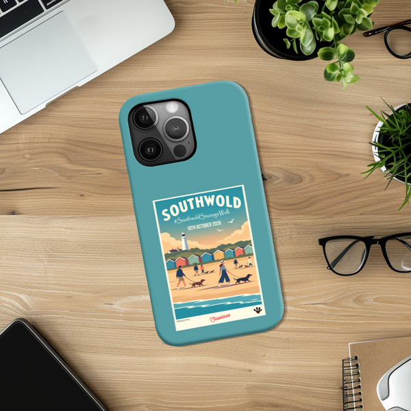 Southwold Sausage Dog Walk 2026 teal high-gloss phone case with vintage seaside dachshund artwork — product view 1