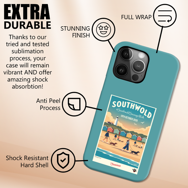 Southwold Sausage Dog Walk 2026 teal high-gloss phone case with vintage seaside dachshund artwork — product view 2