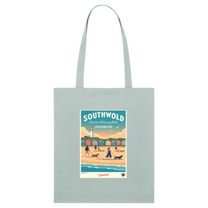 Southwold Sausage Dog Walk 2026 organic cotton tote bag in Caribbean Blue with vintage seaside dachshund artwork