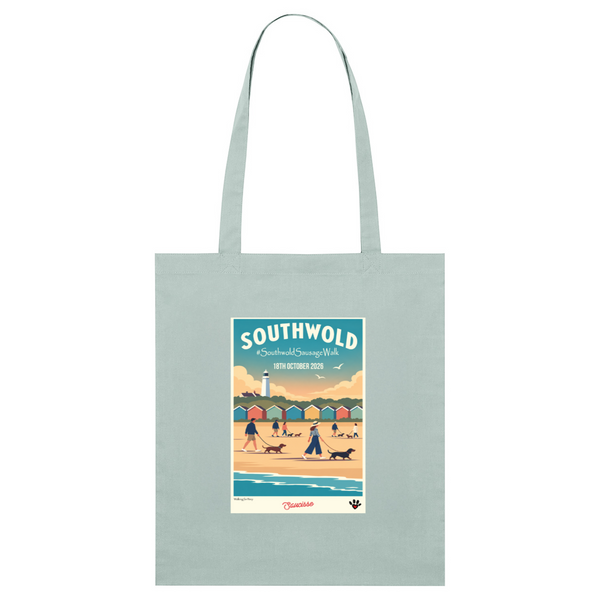 Southwold Sausage Dog Walk 2026 organic cotton tote bag in Caribbean Blue with vintage seaside dachshund artwork