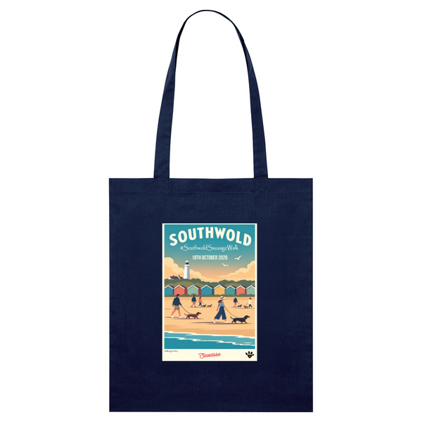 Southwold Sausage Dog Walk 2026 organic cotton tote bag in French Navy with vintage seaside dachshund artwork