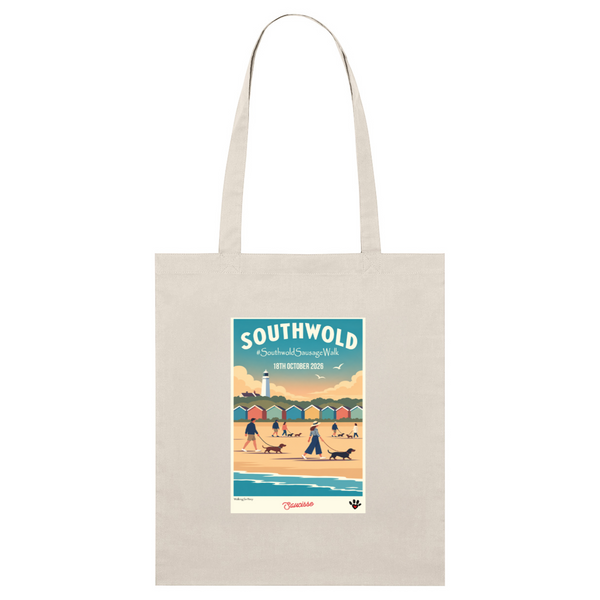 Southwold Sausage Dog Walk 2026 organic cotton tote bag in Natural Raw with vintage seaside dachshund artwork