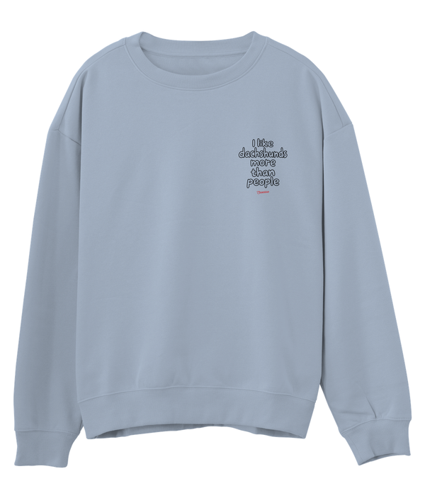 Aquamarine Saucisse I Like Dachshunds More Than People unisex sweater, front view with a small left-chest print and red signature.