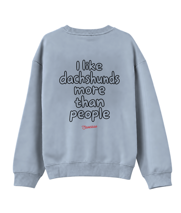 Aquamarine Saucisse I Like Dachshunds More Than People unisex sweater, rear view with centred outline lettering and a red signature.