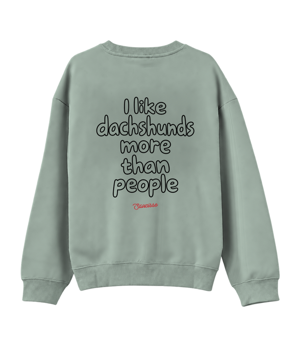 Jade Green Saucisse I Like Dachshunds More Than People unisex sweater, rear view with centred outline lettering and a red signature.