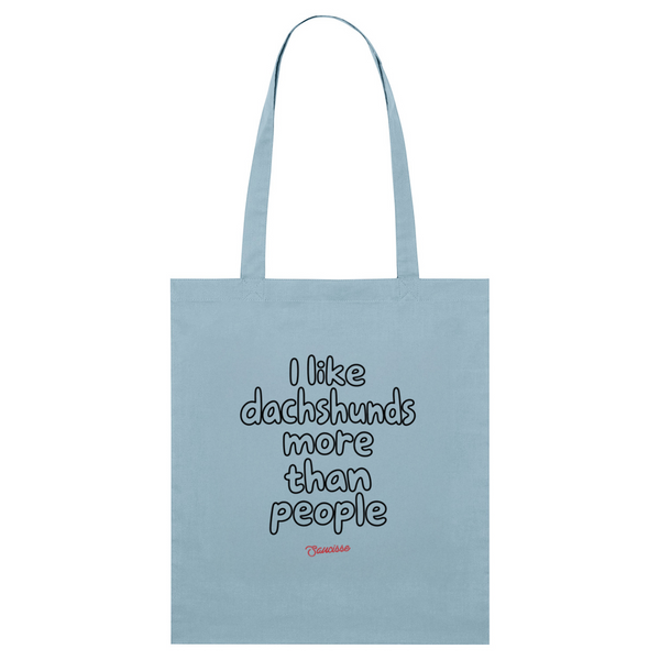 Sky Blue Saucisse I Like Dachshunds More Than People small tote bag, showing the slogan print and long carry handles.
