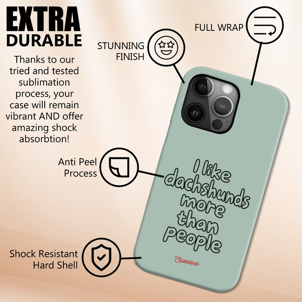 Feature graphic showing the green Saucisse high gloss phone case, full-wrap print and slim hard shell.