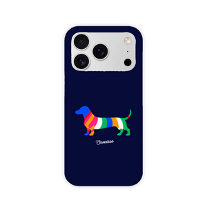 Saucisse deep navy case with a brightly striped dachshund and small Saucisse signature, showing the printed back and model-specific camera opening.