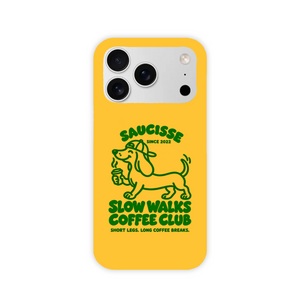 Saucisse yellow case with green dachshund artwork and Slow Walks Coffee Club lettering, showing the printed back and model-specific camera opening.