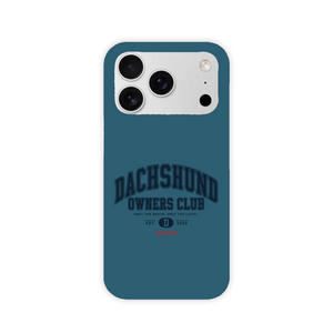 Saucisse teal case with navy Dachshund Owners Club lettering and a red Saucisse signature, showing the printed back and model-specific camera opening.