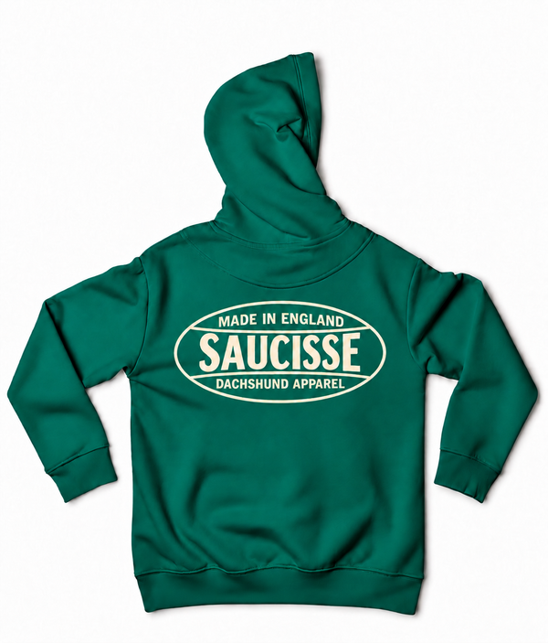 Saucisse - Dachshund Apparel - Made in England unisex hoodie, gemstone green, back