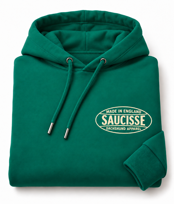 Saucisse - Dachshund Apparel - Made in England unisex hoodie, gemstone green, folded