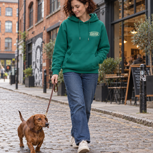 Saucisse - Dachshund Apparel - Made in England unisex hoodie, gemstone green, lifestyle woman