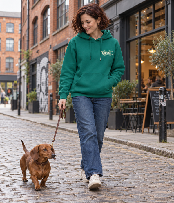 Saucisse - Dachshund Apparel - Made in England unisex hoodie, gemstone green, lifestyle woman
