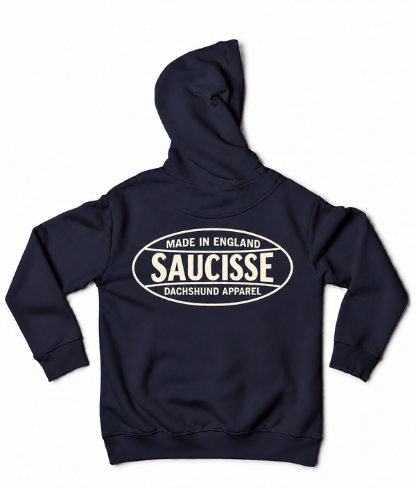 Saucisse - Dachshund Apparel - Made in England unisex hoodie, navy, back