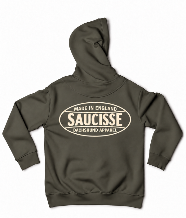 Saucisse - Dachshund Apparel - Made in England unisex hoodie, organic khaki, back