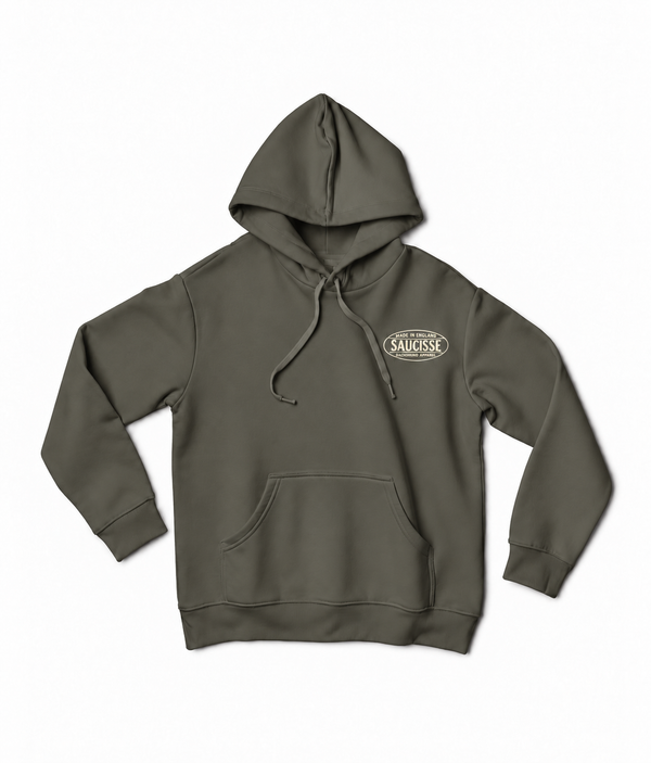 Saucisse - Dachshund Apparel - Made in England unisex hoodie, organic khaki, front
