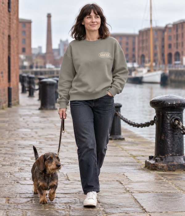 Saucisse - Dachshund Apparel - Made in England unisex sweater, almond green, lifestyle woman