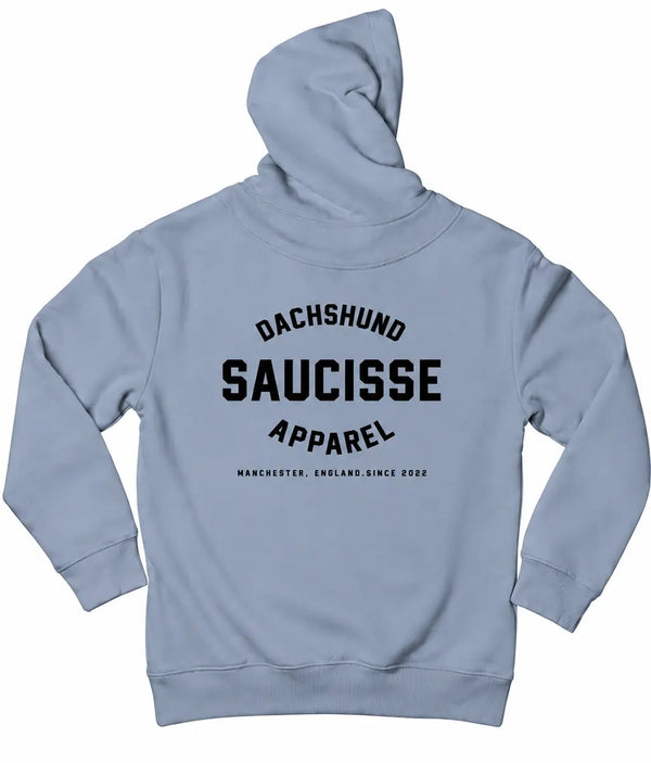 Saucisse Manchester England unisex hoodie in Aquamarine, back view showing centred black Dachshund Apparel design below the hood.
