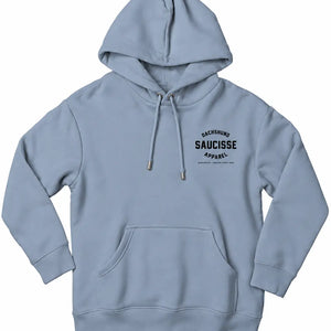 Saucisse Manchester England unisex hoodie in Aquamarine, front view showing small black Dachshund Apparel chest print and matching drawcords.
