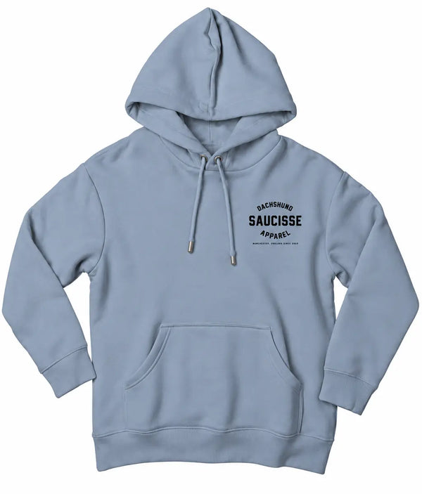 Saucisse Manchester England unisex hoodie in Aquamarine, front view showing small black Dachshund Apparel chest print and matching drawcords.