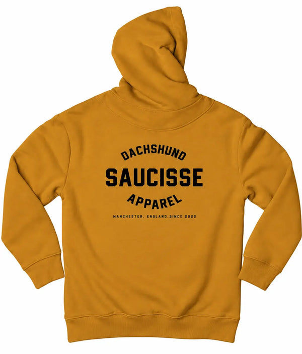 Saucisse Manchester England unisex hoodie in Curcuma, back view showing centred black Dachshund Apparel design below the hood.