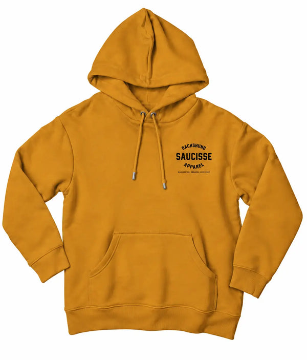 Saucisse Manchester England unisex hoodie in Curcuma, front view showing small black Dachshund Apparel chest print and matching drawcords.