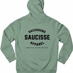 Saucisse Manchester England unisex hoodie in Jade Green, back view showing centred black Dachshund Apparel design below the hood.