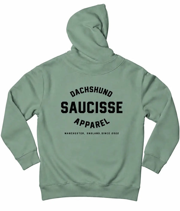 Saucisse Manchester England unisex hoodie in Jade Green, back view showing centred black Dachshund Apparel design below the hood.