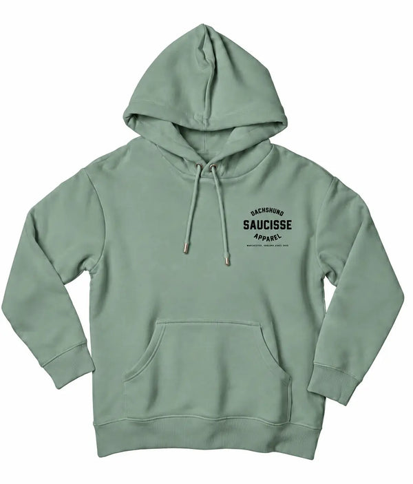 Saucisse Manchester England unisex hoodie in Jade Green, front view showing small black Dachshund Apparel chest print and matching drawcords.