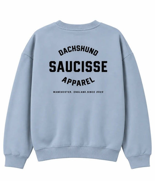 Back of Saucisse Manchester England unisex sweater in Aquamarine, with centred black Dachshund Apparel print